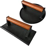 Firsgrill Burger Press 7.08' Round & 8.3”X4.3”Rectangle Heavy-Duty Cast Iron Smash Meat Steak with Wood Handle for Blackstone Camp Chef Pitboss Weber Treager Griddle (Round & Rectangle w Flat Bottom)