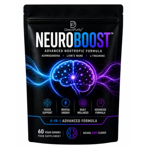 NeuroBoost 6-in-1 Wellness Gummies - Ashwagandha Shilajit Lions Mane Maca L-Theanine & Vitamin D3-60 Vegan Gummies - Supports Relaxation Cognitive Function & Immune Support