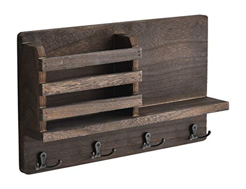 RongFeng Support mural en bois de paulownia, 1 étagère de présentation intégrée, 1 fente et 4 crochets doubles pour clés, en bois de paulownia, marron torché Cover