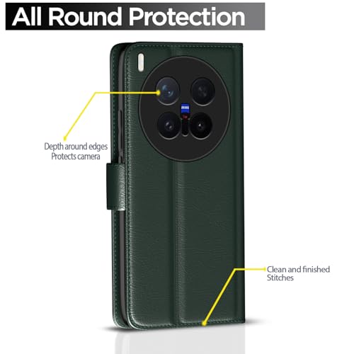Image of Amazon Basics Flip Cover for Vivo X300 Pro 5G Leather Finish | Wallet Stand and Shock Proof | Inside TPU with Card Pockets | Complete Protection Flip Case (Green)