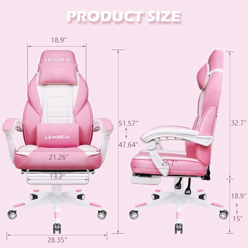Image of LEMBERI Big and Tall Gaming Chair 400lb Capacity, Heavy-Duty Office Chair with Reinforced Footrest, Wide Seat High Back PC Desk Chair with Linkage Armrests, Thickened Steel Frame, PU Leather, Pink