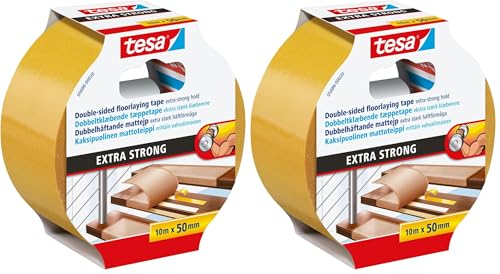 Tesa Extra Strong Ruban Adhésif Double Face de Fixation pour Sols Irréguliers – Rouleau Auto-Adhésif Antidérapant pour Moquette et Revêtements de Sol en PVC – 10 m x 50 mm (Lot de 2)
