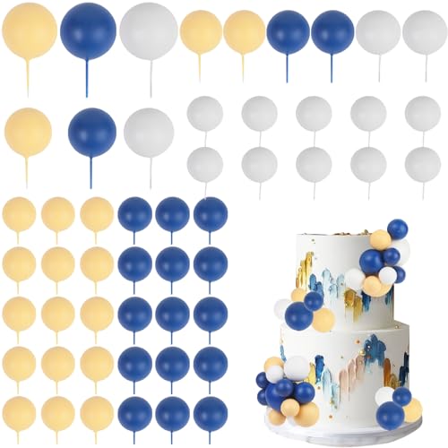 CORNER LACE 52 Pcs Ball Cake Decorations - Blue Yellow White Ball Dessert Picks Cake Cupcake Toppers, Birthday Party Baby Shower Gender Reveal Cake Supplies