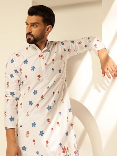 Image of SOJANYA (Since 1958 Men's Cotton Kurta Pyjama with Daman Print & Krochet Embroidery