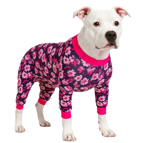 LovinPet Dog Pjs Pitbull Boy - Pet Anxiety Relief Onesies, Sun Protection Dog Shirt, Comfy Stretchy Fabric, Berry Roses Print, Big Dog Surgery Recovery Pajamas, Pitbull Clothes, Pink L