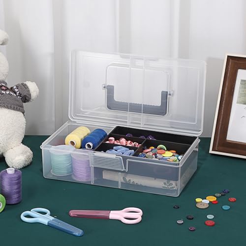 Image of BTSKY Clear Plastic Storage Box with Removable Tray Multipurpose Stationery Storage Box with Handle Handy Sewing Box Art Craft Supply Organizer Home Utility Box (Light Black)