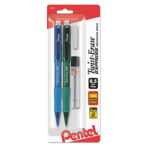 Pentel Twist-Erase Express Automatic Pencil with Lead and Eraser, 0.5mm, Assorted Barrels, 2 Pack (QE415LEBP2)