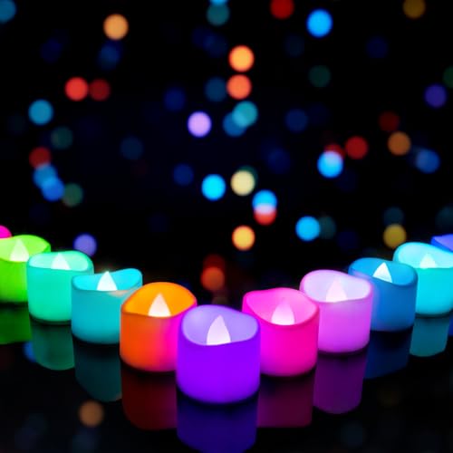 Homemory Multi Color Changing Tea Lights Battery Operated, 7-Color Changing LED Plastic Holiday Candles for Halloween, Pumpkin, Ofrenda, Christmas, Party, Dia1.5'' x H1.3'', 24-Pack [White Base]