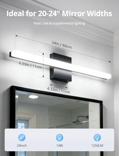 Image of Combuh 24 Inch Black Vanity Lights for Bathroom Mirror Lighting Fixtures Gentle, 14W Modern Long Linear Restroom Wall Lamps Bar LED Lampara para Bano sobre Espejo Cool White 6000K