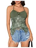 OYOANGLE Women's Floral Print Contrast Lace Tie Backless Halter Cami Top Asymmetrical Hem Hippie Fairy Y2k Tank Tops Army Green Large