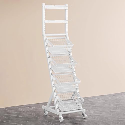 WDJBPSH 3/4 Basket Supermarket Retail Shelf, Snack & Vegetables & Fruit Organizer with Removable Hooks and Brake Wheels, Kitchen/Bedroom/Office/Convenience Store/Space Saving(White,4 tier)
