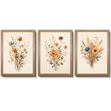 OVQJZIS 3 Piece Vintage Wildflower Botanical Canvas Prints, Natural Oak Wood Grain Gallery Frame, Minimalist Boho Floral Wall Art for Bedroom & Living Room, Each piece12 x 16 inches