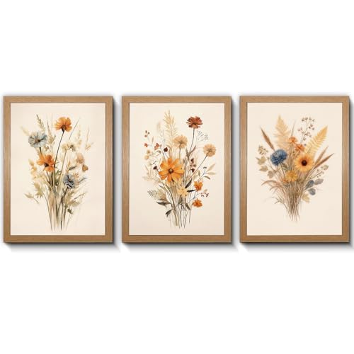 OVQJZIS 3 Piece Vintage Wildflower Botanical Canvas Prints, Natural Oak Wood Grain Gallery Frame, Minimalist Boho Floral Wall Art for Bedroom & Living Room, Each piece12 x 16 inches