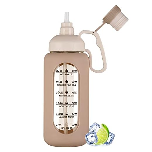 MUKOKO 64oz Glass Water Bottles with Straw, half gallon water bottle with time marker, Motivational Water Bottle with Silicone Sleeves,large glass water bottle for Gym,Working,Outdoor,Amber