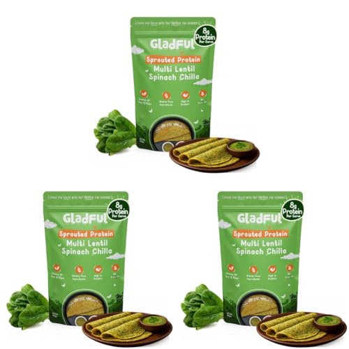 Image of Gladful Sprouted Protein Spinach Instant Chilla Mix - No Maida, No Palm Oil, Gluten Free, High Protein & Fiber-Rich Food, 200 g (Pack of 3)