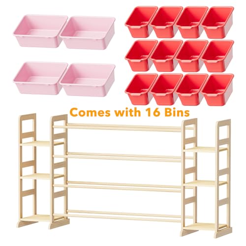 Image of SpaceAid Toy Storage Organizer with 6 Shelves and 16 Bins, Toy Organizers Storage Bookshelf, Kids Bin Shelf Toys Box Bookcase for Bedroom Playroom Organization Room Decor, Red and Pink