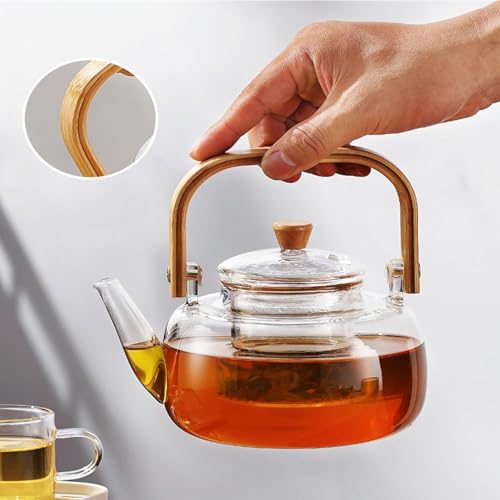 Image of 1000ML Glass Kettle Teapot with Removable Infuser & Lid & Handle, Glass Tea Kettle Stovetop Safe, Great for Loose Leaf Tea, Blooming Tea, Tea Bags & Fruit Infused Water (MV-01)