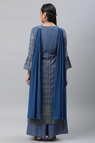 Image of Aurelia Women's Bright Blue Polyester Straight Kurta, Palazzos, Dupatta Suit Set