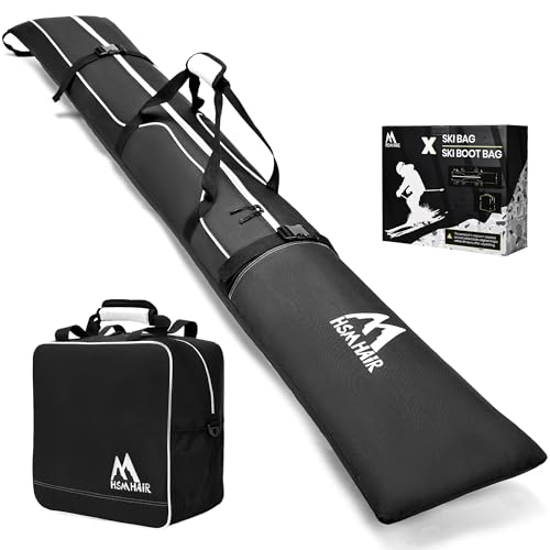 Hsmihair Ski Bag and Boot Bag Combo,Padded Ski Bag Set for Air Travel,Snow Ski Bags for Adults,Water- resistant Ski Boot Bag Fits for Skis Up to 200 CM and Boots Up To Size US13 (Black)