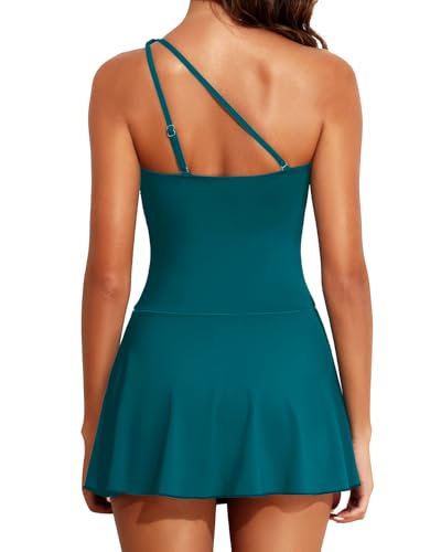 Image of Tempt Me Women One Piece Swim Dress One Shoulder Swimsuit | Tummy control, Skirted bottom, Adjustable shoulder straps, Removable bra