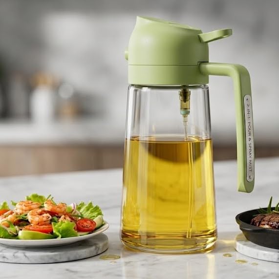 Image of 2-in-1 Glass Oil Sprayer and Dispenser Bottle with Handle Cocking Oil Bottle for Kitchen (500ml)