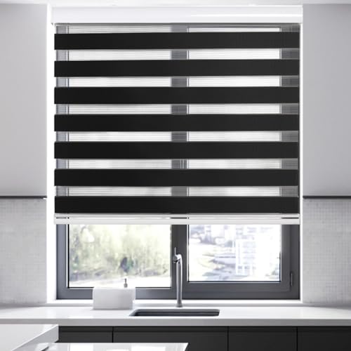 Joydeco Cordless Zebra Blinds for Windows, Dual Layer Free-Stop Zebra Shades Privacy Light Control for Day and Night, Light Filtering Sheer Blinds for Indoor Windows (Black, 55" W x Custom H)
