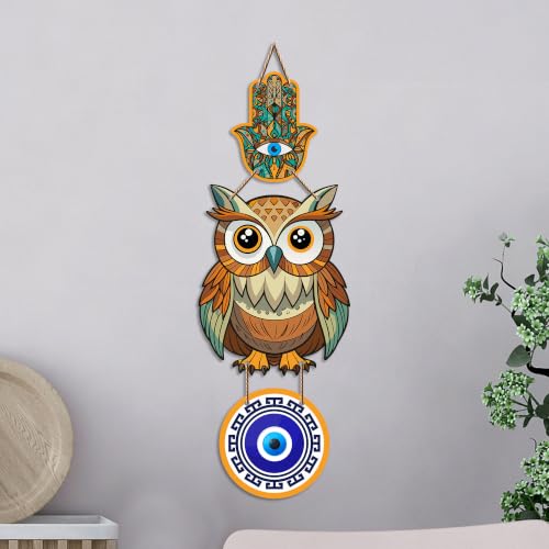 Image of Artvibes Lucky Owl Evil Eye Hanging Decor for Main Door & Entrance | Nazar Protection MDF Wall Art | Vastu Decorative Accent for Living Room | Office | Balcony & Hallway | Home Decoration (WH 8524N)