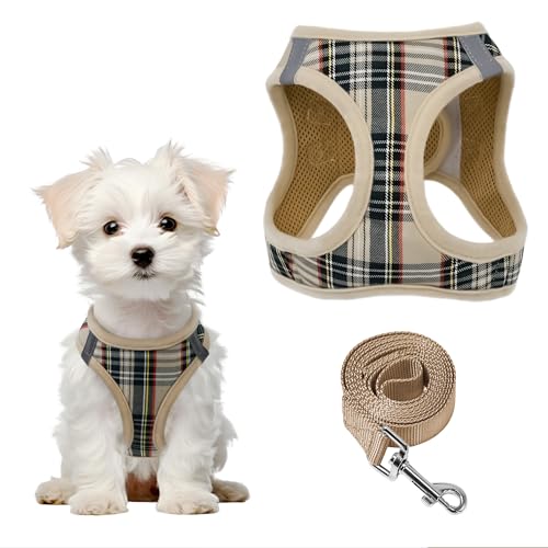 Pawsailor Step-in Pettorina Cane Taglia Piccola con Guinzaglio Anti-tiro Riflettente Pettorina per Cani Regolabile Morbida Rete Traspirante Motivo a Quadri Imbracatura per Cuccioli Gatti, Beige XS
