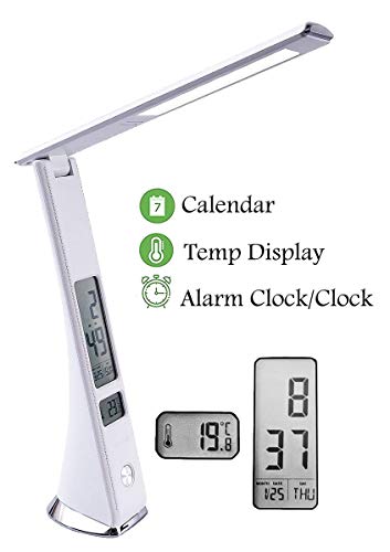Preisvergleich Produktbild LED Schreibtisch Lampe LED Tischlampe mit USB-Ladeanschluss Hokone Tragbare augenschonende Nachttischlampe mit LCD-Bildschirm Uhr, Kalender, Thermometer Dimmbare Bürolampe 5W weiß für Arbeit Studium