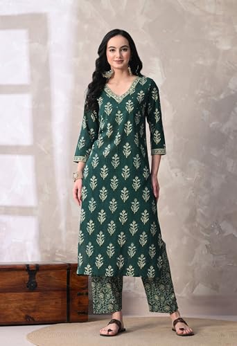 Image of MEERA FAB Women Floral Printed Sequined Cotton Straight Kurta with Palazzos & Dupatta | Sanganeri Print