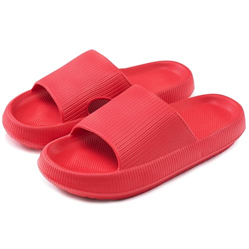 rosyclo Cloud Slippers for Women and Men, Pillow Slippers Shower Shoes Bathroom Non-Slip Open Toe Super Soft Comfy House Cloud Cushion Slide Sandals for Indoor & Outdoor, Red