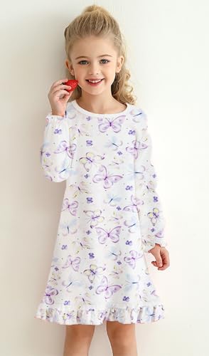 Little Hand Girls Long Sleeve Nightgowns Toddler Cotton Dino Butterfly Sleepwear Princess Cat Nightdress for Girl 2-9 Years2