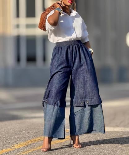 Women's Vintage Elastic Waist Wide Leg Jeans 90S Color Blocking Patchwork Barrel Denim Jeans4
