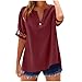 Women Cotton Linen T Shirts Short Sleeve V Neck Buttons Blouse Lace Crochet Shirts Casual Loose Fit Summer Tops Wine
