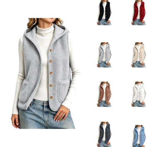 Hooded Vest Women Sherpa Button Up Sleeveless Warm Waistcoat Outerwear - image 1