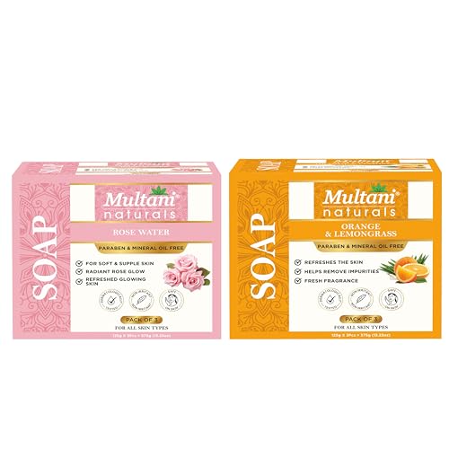 Image of Multani Natural Orange Lemongrass & Rose Water Soap For Bath (125 Gm - Pack of 6) | Helps In Reducing Acne & Oil Control | Helps Revive Dull Skin & Refreshes Skin | Paraben Free | Clinically Tested | For All Skin Types | Soap Bar For Men & Women