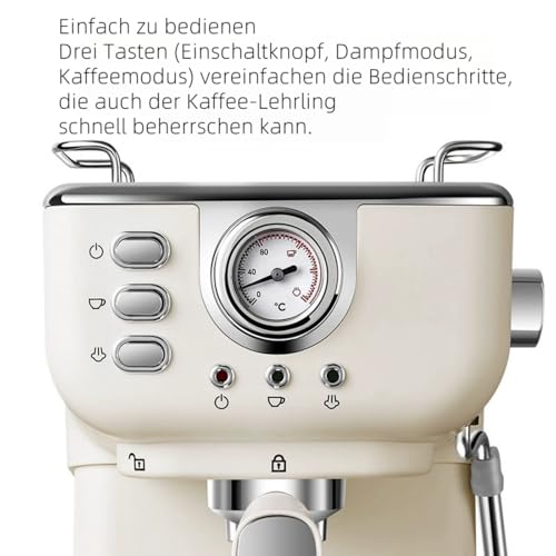 Kanbihao Espresso Siebträgermaschine Kaffeemaschine mit Milchaufschäumer, 1050W Halbautomatische Espressomaschine Kaffeeautomat für Mokka Latte Cappuccino Weiß – Bild 3