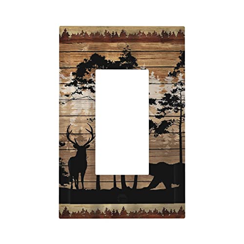 Image of Rustic Mountain Forest Antler Elk Bear Deer Silhouettes Woodland Hunting Animals 1 Gang Electrical Single Decorator/GFCI Device Wall Plate Decorative Electric Rocker Light Switch Outlet Cover Dimmer