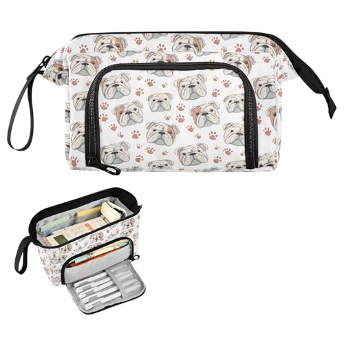 Image of English Bulldog Dog Paw Print Pencil Bag with Unique Side-Open Mouth Design Large Capacity for 40-60 Pens Ideal for Students Writers Artists Travel Office & School Supplies