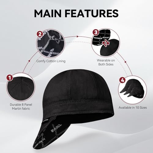ARCCAPTAIN Reversible Welding Cap, 8 Panel Protective Welders Cap, 10 oz Fireproof Cotton Comforts for Safety and Protection While Welding to Men Women, Black, 7 3/4 - 2
