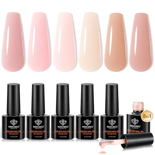 Image of modelones Gel Polish Builder Nail Set, Base Colors Nude Hard Strengthener Rubber Gel Polish 8-in-One Extension LED Nail Lamp Cured 6 Colors