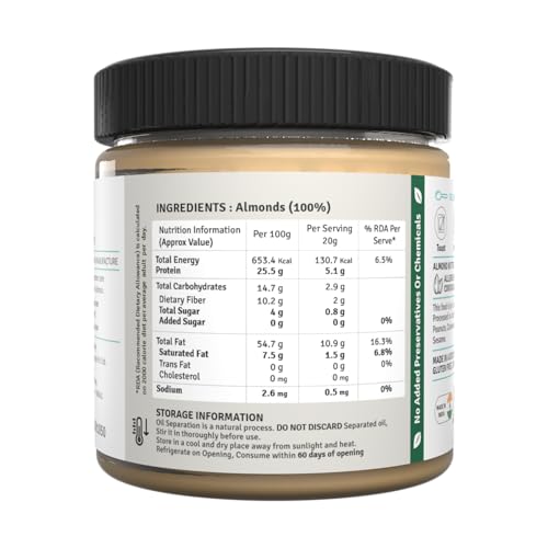 Image of Jus' Amazin Crunchy Almond Butter - Unsweetened (200 g) | 25% Protein | Only Pure Whole Almonds | Zero Additives / Chemicals | Plant Based, Dairy Free, Keto | Clean Nutrition, 0% Chemicals