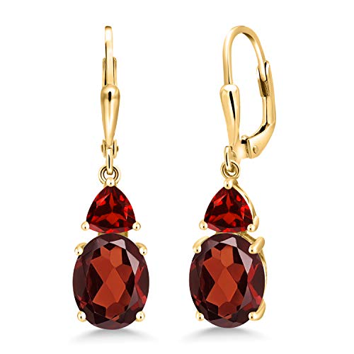 Gem Stone King 18K Yellow Gold Plated Silver Red Garnet Dangle Earrings For Women (6.68 Cttw, Gemstone January Birthstone, Oval 10X8MM, Trillion 5MM)