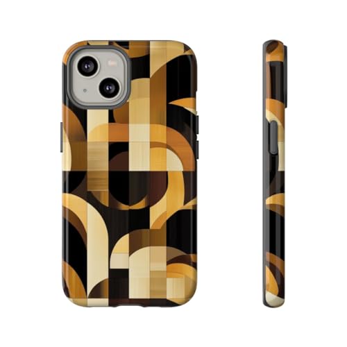 Coque brillante iPhone 14 design géométrique marron et doré Art déco