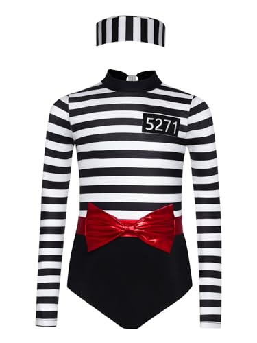 YONGHS Striped Prisoner Jumpsuit for Girls Long Sleeve Jail Uniform Gymnastics Leotard with Belt Hat Black 12 Years
