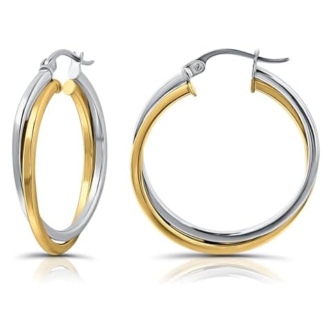 Hoops & Loops Sterling Silver Two-Tone Intertwining Square-Tube Polished Hoop Earrings, 25mm Cover