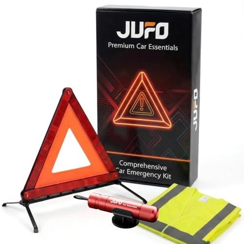 JUFO Car Emergency Kit 3-in-1 Roadside Breakdown Set with Hi-Vis Vest Warning Triangle and Window Breaker Essential UK Motorway Safety Equipment