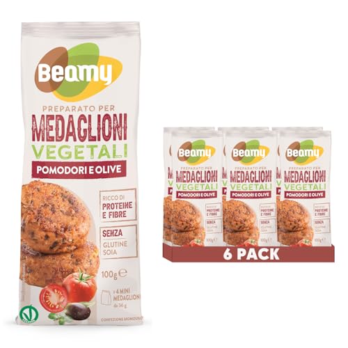 Beamy, Preparato per Medaglioni Vegetali, Burger e Polpette Plant-Based ai Pomodori e Olive, Ricco di Proteine e Fibre, Alternativo alla Carne, Senza Glutine, 6x100 g