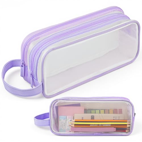 APXEL Astuccio Trasparente Per Esami,Grande Capacità, Astuccio Trasparente A Doppio Strato In Rete, Adatto Per La Scuola, L'ufficio, Come Trousse Per Cosmetici(Viola)