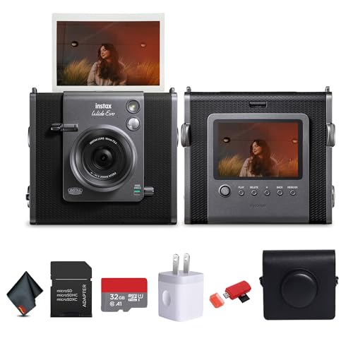 Fujifilm Instax Wide Evo Hybrid Instant Film Camera (16840957) Bundle with Vintage Style Compatible Carrying Case + 32GB Memory Card + Cleaning Cloth + More